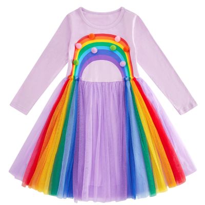4T Birthday Dresses for Girls Purple 5T Long Sleeve Rainbow Tutu Dress Casual Winter Clothes