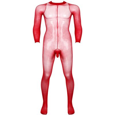 Sywiyi Mens Stretchy Sheer Mesh Bodystocking Long Sleeve Closed Toe Ultra-Thin Full Body Pantyhose Red A One Size