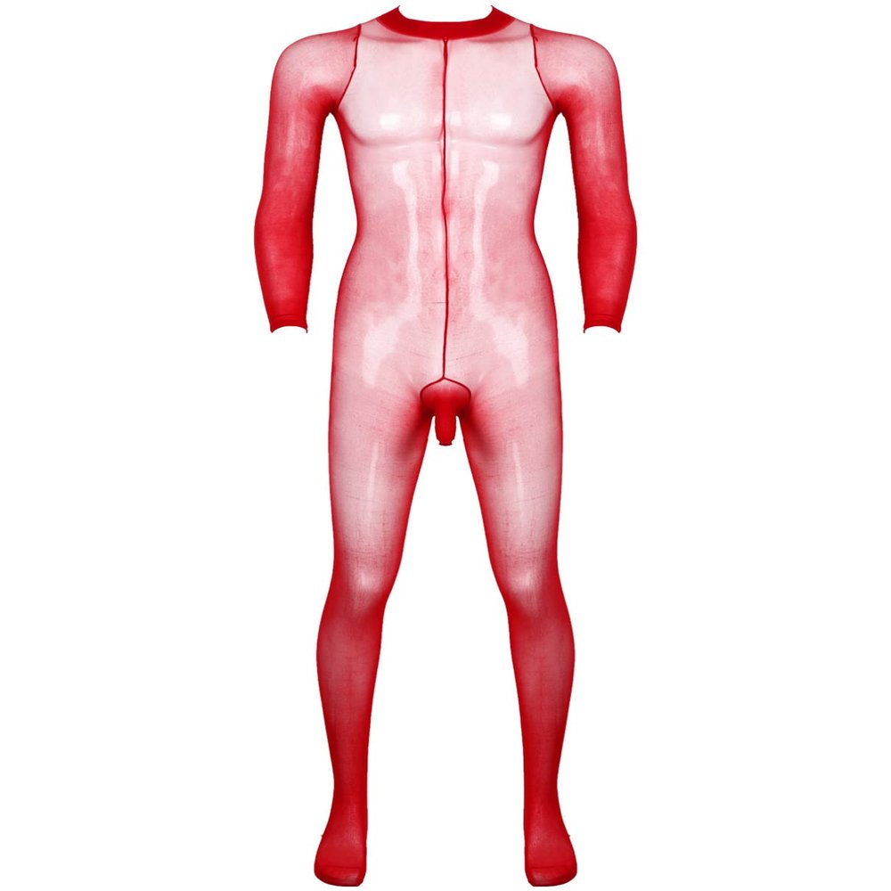 Sywiyi Mens Stretchy Sheer Mesh Bodystocking Long Sleeve Closed Toe Ultra-Thin Full Body Pantyhose Red A One Size