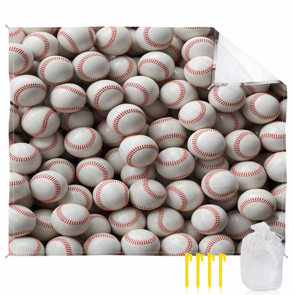 LEOKOTI Baseball Beach Blanket Waterproof Sandproof, White Ball Sport Lightweight Outdoor Picnic Blanket Portable Large Beach Mat for Travel/Camping/Hiking 118"x108"