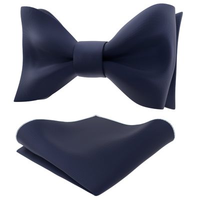 Adam Young Men's Navy Blue Self Tie Bow Tie with Pocket Square Formal Satin Classy Bowtie for Tuxedo Faux Silk (Classic, Navy Blue)