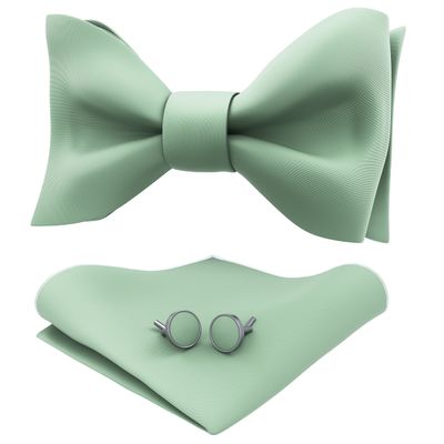 Adam Young Men's Green Fern Self Tie Bow Tie with Pocket Square & Cufflinks Formal Satin Classy Bowtie for Tuxedo Faux Silk (Classic, Deep Sage)