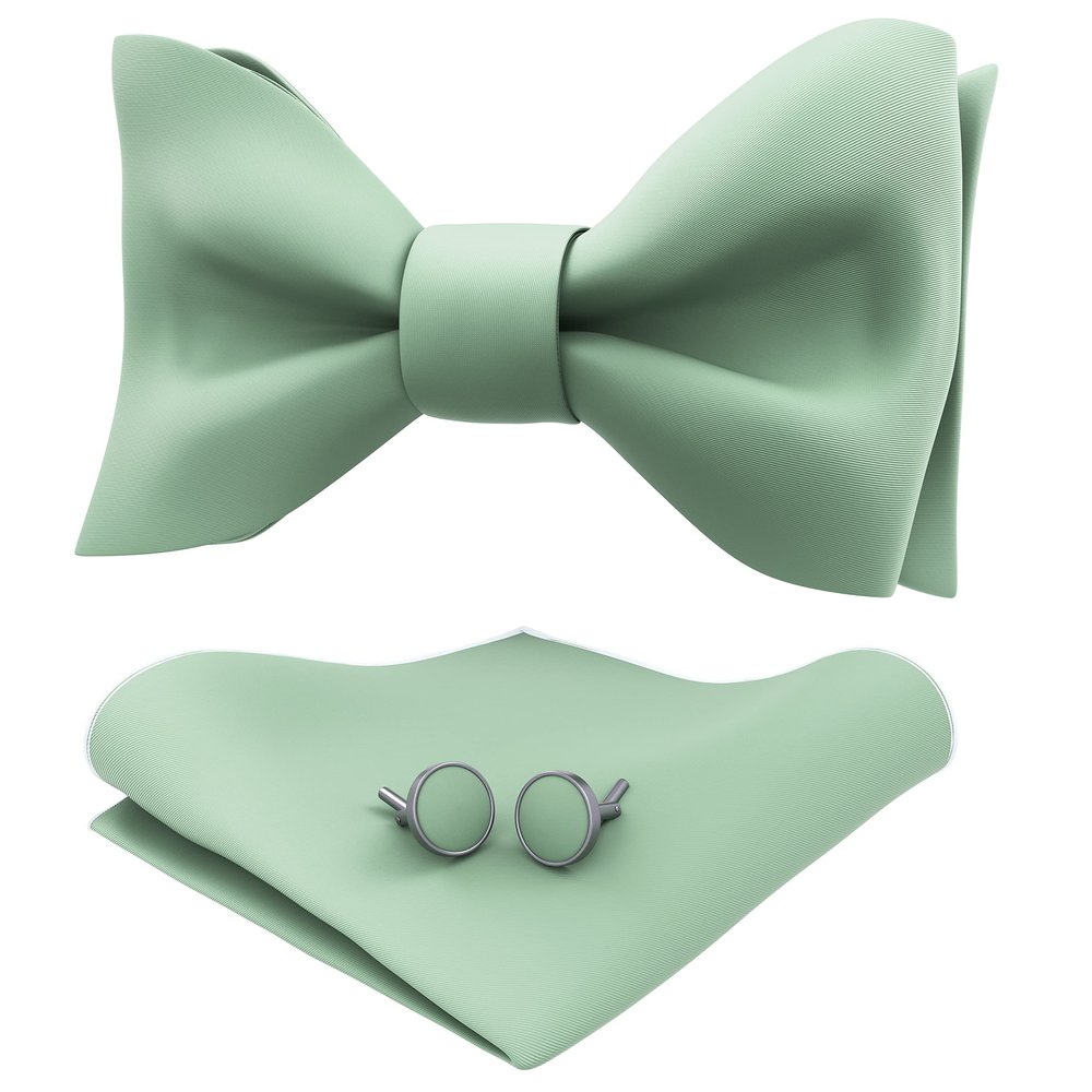 Adam Young Men's Green Fern Self Tie Bow Tie with Pocket Square & Cufflinks Formal Satin Classy Bowtie for Tuxedo Faux Silk (Classic, Deep Sage)