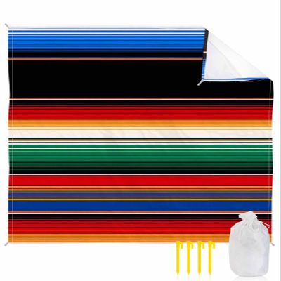 LEOKOTI Colorful Mexican Striped Beach Blanket Waterproof Sandproof, Black Red Green Tribe Ethnic Lightweight Outdoor Picnic Blanket Portable Large Beach Mat for Travel/Camping/Hiking 118"x108"