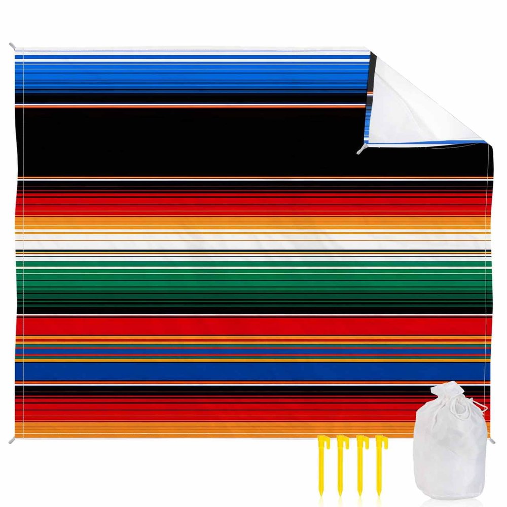LEOKOTI Colorful Mexican Striped Beach Blanket Waterproof Sandproof, Black Red Green Tribe Ethnic Lightweight Outdoor Picnic Blanket Portable Large Beach Mat for Travel/Camping/Hiking 118"x108"