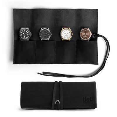 Hide & Drink, Leather Watch Roll Organizer Handmade from Full Grain Leather, Holds Up to 4 Watches, Easy Carry On Watchlover Storage (Charcoal Black)