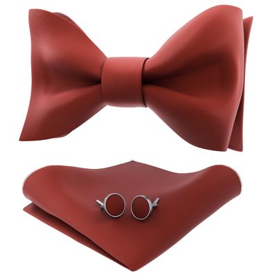 Adam Young Men's Terracotta Self Tie Bow Tie with Pocket Square & Cufflinks Formal Satin Classy Bowtie for Tuxedo Faux Silk (Classic, Rust)