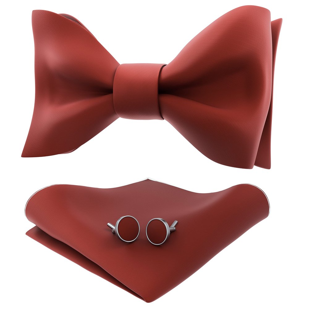 Adam Young Men's Terracotta Self Tie Bow Tie with Pocket Square & Cufflinks Formal Satin Classy Bowtie for Tuxedo Faux Silk (Classic, Rust)
