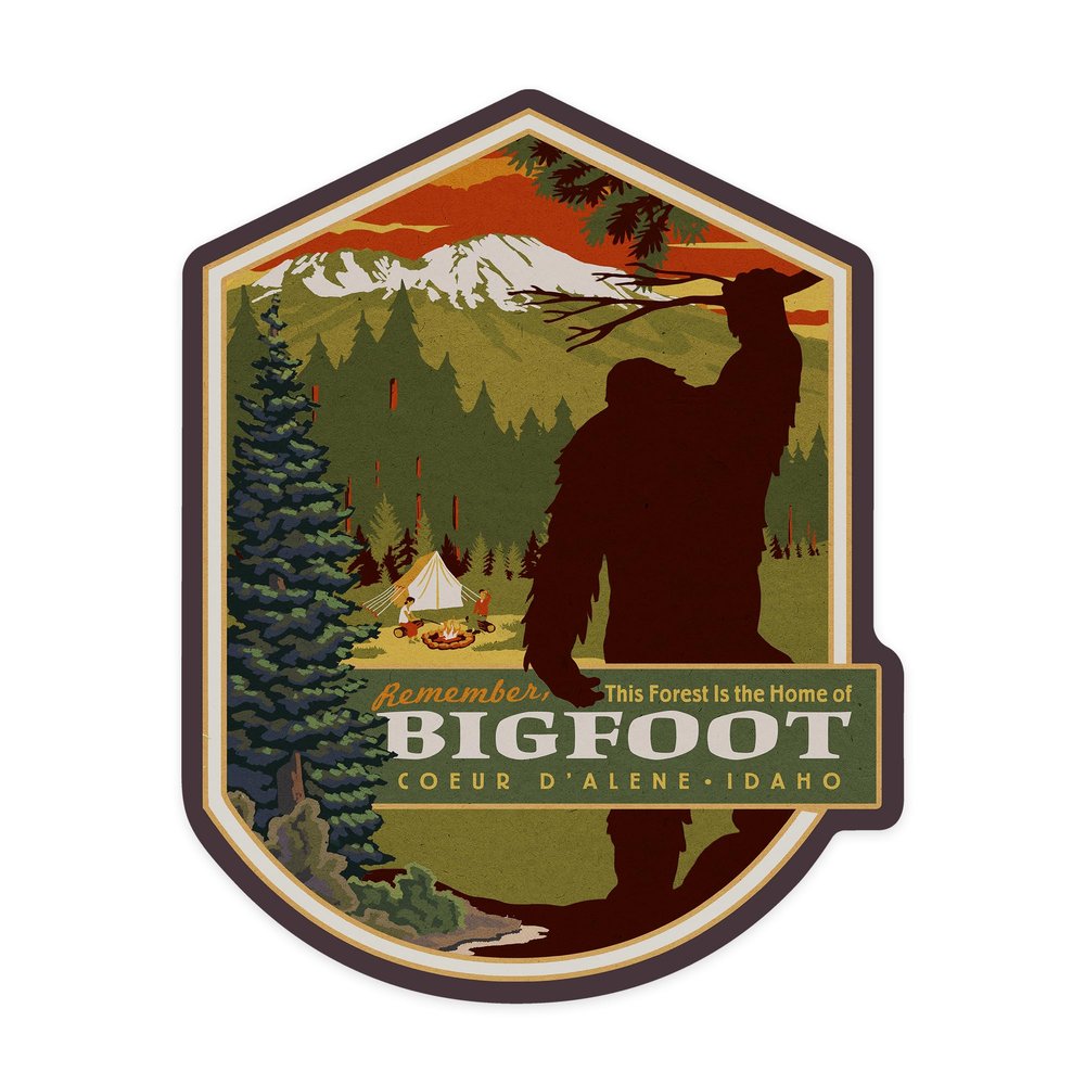Lantern Press Sticker Coeur d'Alene, Idaho, Home of Bigfoot, Die Cut Vinyl, (Waterproof Decal for Cars, Water Bottles, Laptops, Coolers), Small