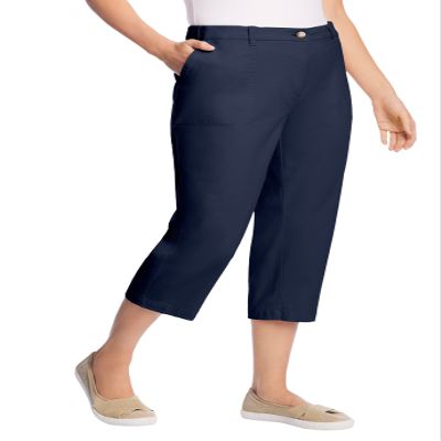 Woman Within Plus Size Petite Adjustable Waist Chino Capri - 34 W, Navy