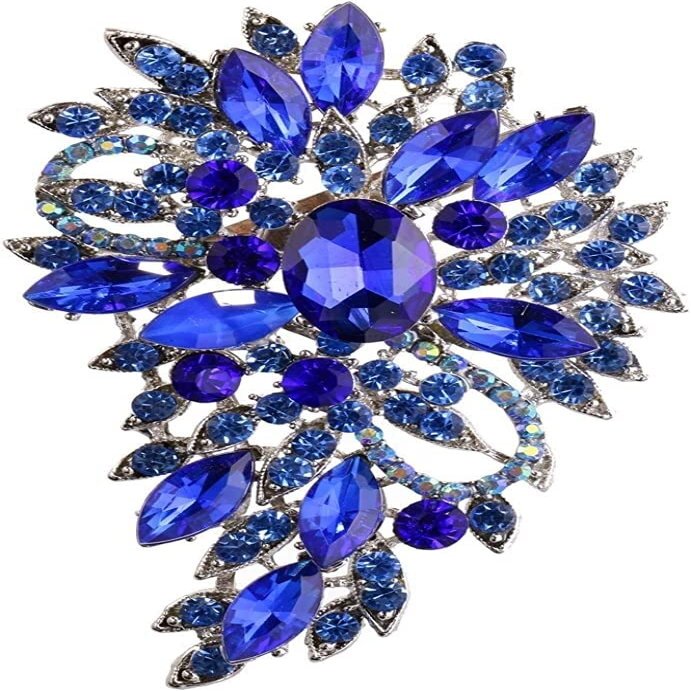 AVRYN Crystal Broochs,Brooch Pins,Shawl Clips, Pin Badge,Stylish Blue Rhinestone Crystal Flower Brooch for Parties.