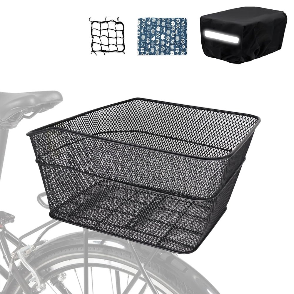 MATTISAM Bike Basket Rear, [Tool-Free Install], Bicycle Pet Basket for Back Cargo Rack, with Waterproof Cover, Cargo Net