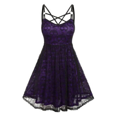 Women's Sleeveless Punk Dresses Camisole Skull Print Lace Swing Dress Halloween Spaghetti Strap Steampunk Dress Goth Clothes
