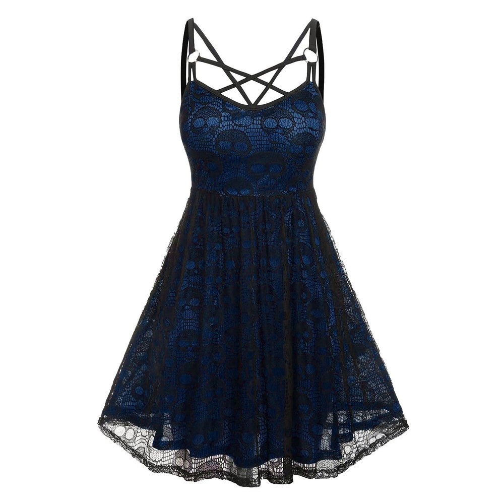 Women's Sleeveless Punk Dresses Camisole Skull Print Lace Swing Dress Halloween Spaghetti Strap Steampunk Dress Goth Clothes