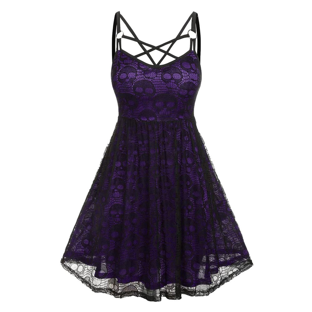 Women's Sleeveless Punk Dresses Camisole Skull Print Lace Swing Dress Halloween Spaghetti Strap Steampunk Dress Goth Clothes