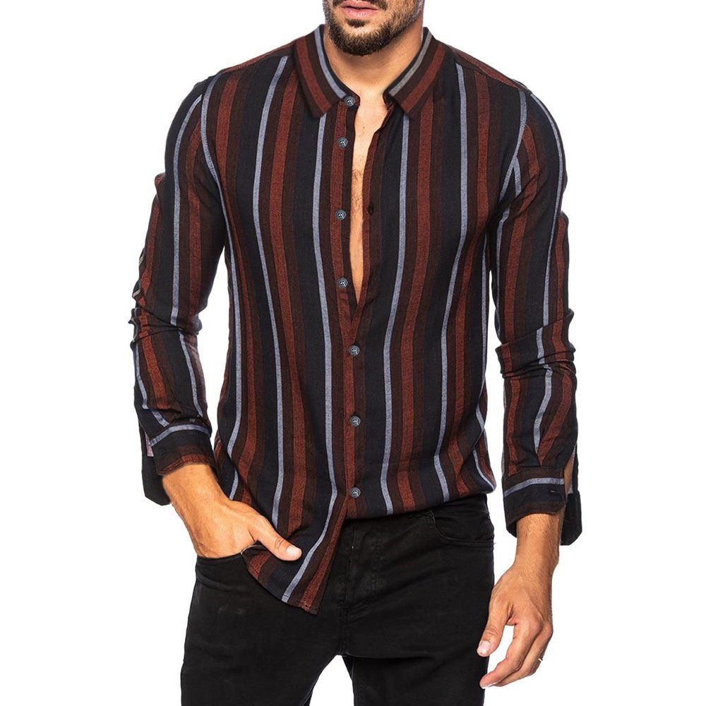 Striped Shirt for Men Vintage Button Up Long Sleeve Casual Dress Shirts Regular Fit Big and Tall Retro Cotton T-Shirts A-Brown
