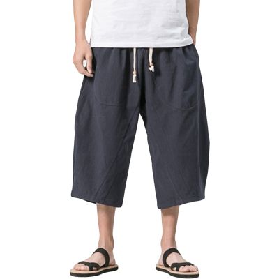 Maiyifu-GJ Linen Cotton Capri Pants for Men Drawstring Baggy Wide Leg 3/4 Pants Below Knee Loose Fit Summer Beach Shorts (Dark Blue,4X-Large)