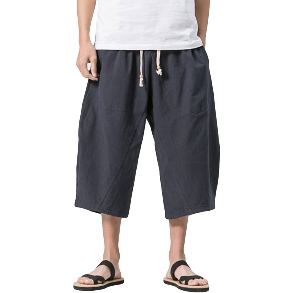 Maiyifu-GJ Linen Cotton Capri Pants for Men Drawstring Baggy Wide Leg 3/4 Pants Below Knee Loose Fit Summer Beach Shorts (Dark Blue,4X-Large)