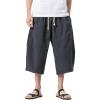 Maiyifu-GJ Linen Cotton Capri Pants for Men Drawstring Baggy Wide Leg 3/4 Pants Below Knee Loose Fit Summer Beach Shorts (Dark Blue,4X-Large) view 1