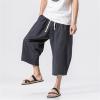 Maiyifu-GJ Linen Cotton Capri Pants for Men Drawstring Baggy Wide Leg 3/4 Pants Below Knee Loose Fit Summer Beach Shorts (Dark Blue,4X-Large) view 2