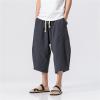 Maiyifu-GJ Linen Cotton Capri Pants for Men Drawstring Baggy Wide Leg 3/4 Pants Below Knee Loose Fit Summer Beach Shorts (Dark Blue,4X-Large) view 3