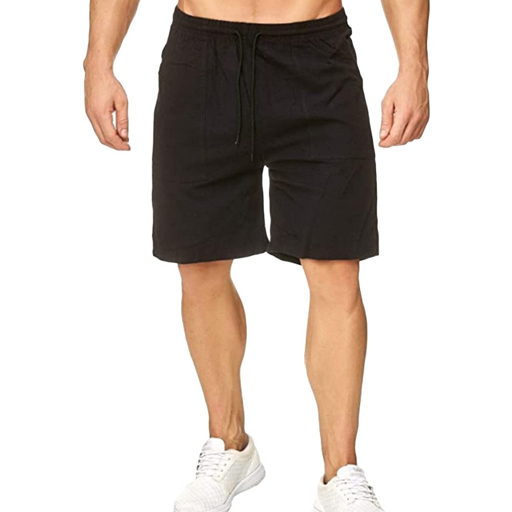 Men's Linen Casual Classic Fit Short Elastic Waist Drawstring Summer Beach Shorts Running Lounge Short Pants (Black,X-Large)