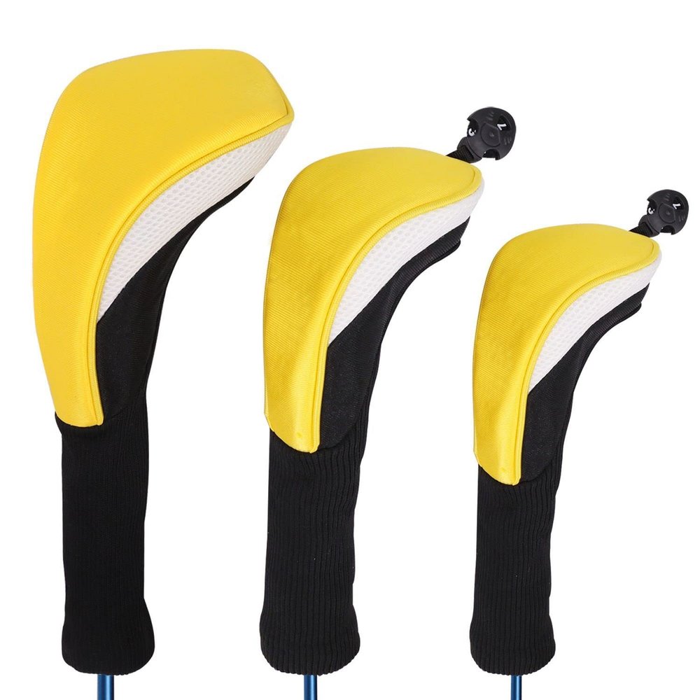 DSLED Simple Golf Club Head Cover, 1 3 5 Wood Cover, Iron Cover, Sand Cover, 3pcs Golf Club Head Covers, Long Neck Mesh Golf Club Headcovers Set (Color : Yellow and White)