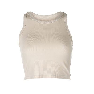Ladies Sleeveless Short Tank Tops Stretch Racer-Back Camisole Crop Top Women Sexy Streetwear T Shirt Braless (Color : Khaki, Size : L/Large)