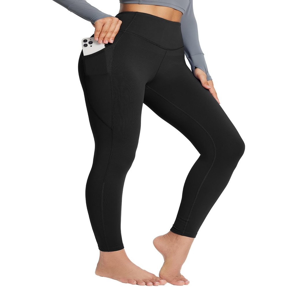 baleaf Women's Fleece Lined Leggings with Pockets 25" Petite Thermal Winter Warm High Waisted Thick 7/8 Yoga Pants Black S