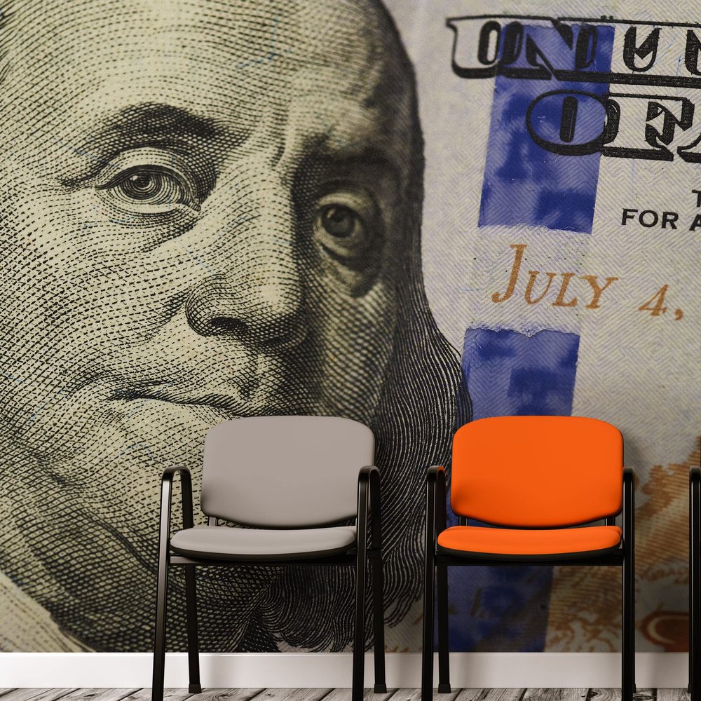 Benjamin Franklin 100 Dollar Bill Wall Mural. Peel and Stick Wallpaper. Flashy Money Theme Wall Decor. Office/Game Room Decoration. #6399 (9ft Tall X 8ft Wide)