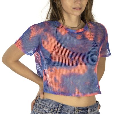 Sheer Mesh Fishnet Rave Festival Summer Beach Pool Cover-Up Women's Crop Top (Pink & Blue Tie Dye, Medium)