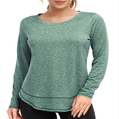 Abrooical Long Sleeve Workout Shirts for Women Crewneck T Shirt Running Yoga Training Tops Quick Dry Long Green Medium