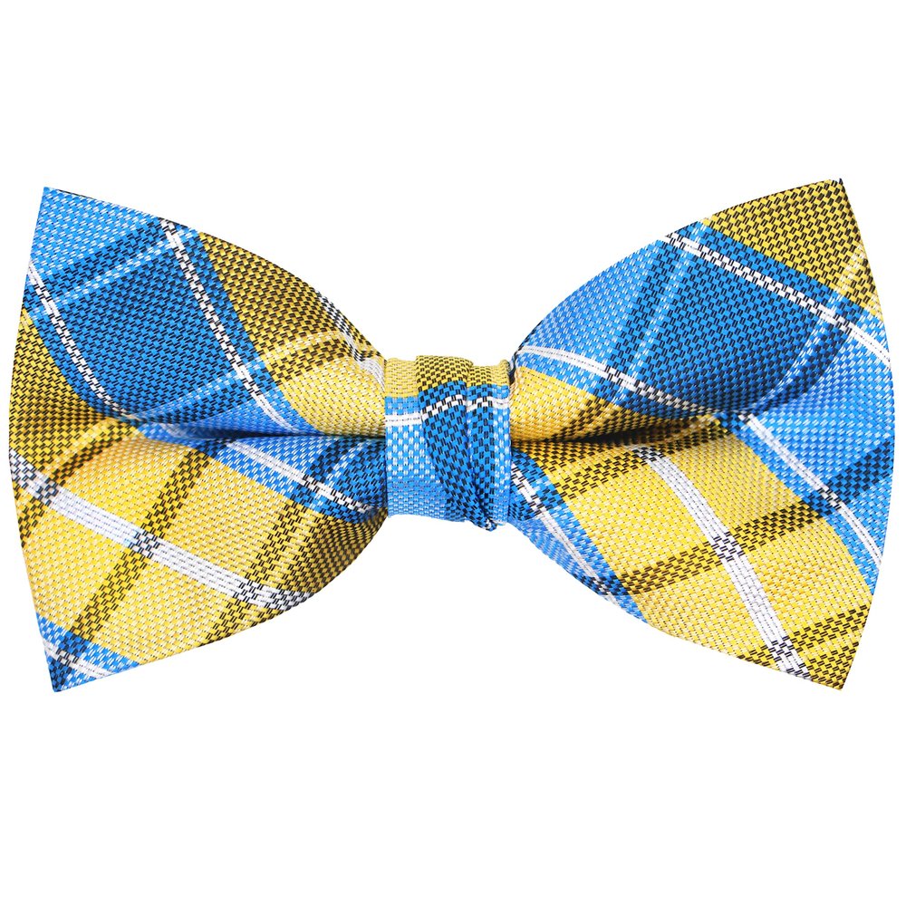 OCIA Mens Plaid Pattern Bow Tie Pre-Tied Bowtie for Men and Boys Yellow Blue White