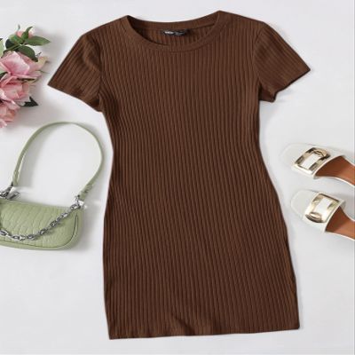 FDSUFDY Summer Dresses for Women 2022 Solid Rib-Knit Bodycon Dress Dresses for Women (Color : Coffee Brown, Size : X-Small)
