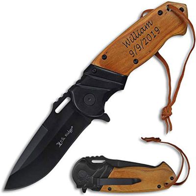 Blue Steel Personalized Laser Engraved KNIFE, Brown wood Handle with Pocket Clip, Dad Gifts, Boyfriend, Groomsmen, Valentines Day Gift (LT Brown Black)