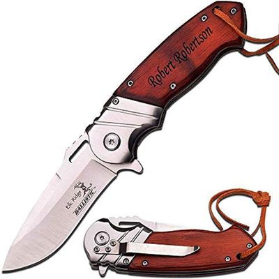 Blue Steel Personalized Laser Engraved KNIFE, Brown wood Handle with Pocket Clip, Dad Gifts, Boyfriend, Groomsmen, Valentines Day Gift (Brown Silver)