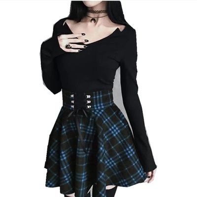 Black Checkered Women's Gothic Skirt Women Pleated Plaid Skirts Spring Autumn Girl Hip Hop Female Punk Goth Mini Skirt Clubwear (Color : Blue, Size : XXXX-Large)