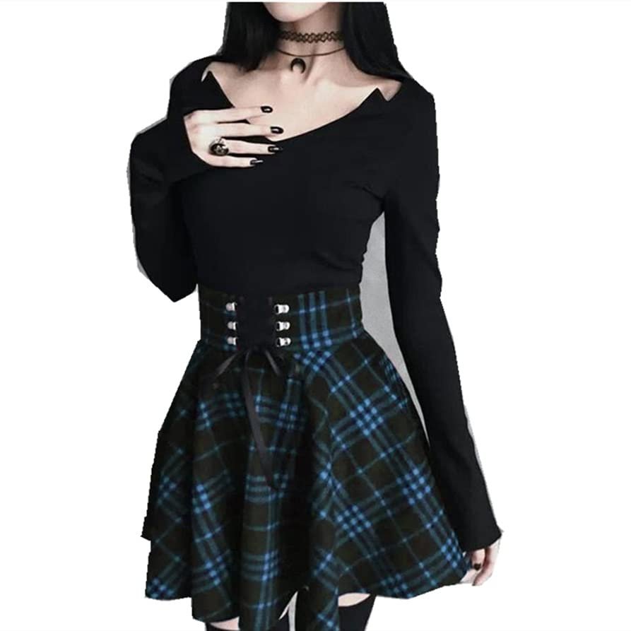 Black Checkered Women's Gothic Skirt Women Pleated Plaid Skirts Spring Autumn Girl Hip Hop Female Punk Goth Mini Skirt Clubwear (Color : Blue, Size : XXXX-Large)