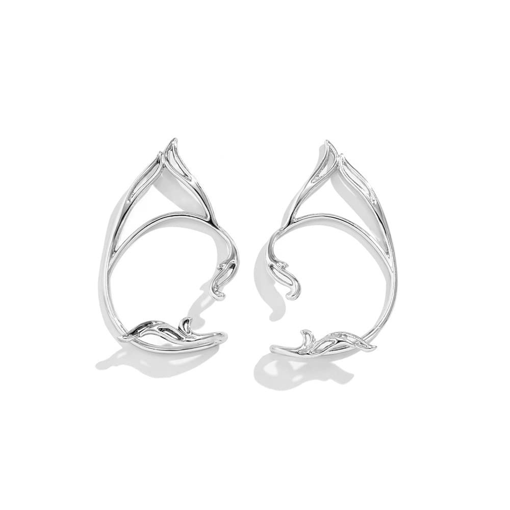 1 Pair Gothic Elf Ear Cuffs Earrings Fairy Cat Ear Wrap Fake Cartilage Climber Halloween Cosplay Party Statement Non-Pierced Punk Jewelry for Women -Silver