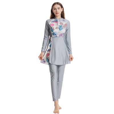 Muslim Swimsuits for Women: Modest Swimwear Islamic Long Sleeve Burkini Swimsuit Full Cover Hijab Swimming Cap Top Pants Rash Guard 3 Piece Swim Sets Muslim Bathing Suits Grey + Pink Floral Large