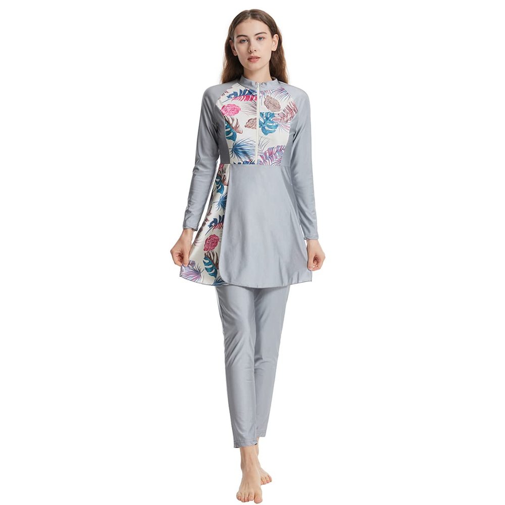 Muslim Swimsuits for Women: Modest Swimwear Islamic Long Sleeve Burkini Swimsuit Full Cover Hijab Swimming Cap Top Pants Rash Guard 3 Piece Swim Sets Muslim Bathing Suits Grey + Pink Floral Large