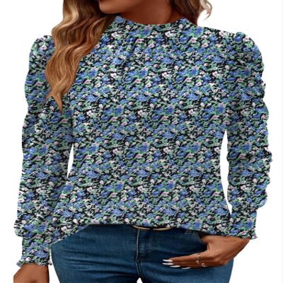 LUYAA Long Sleeve Shirts Basic Tops for Women Floral Print T Shirts for Women Graphic Womens Fall Tops Blue Floral M