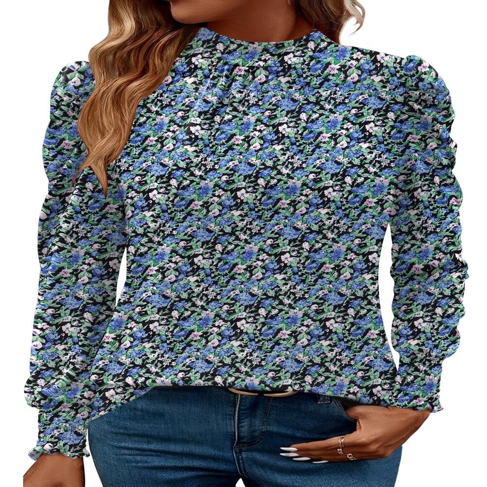 LUYAA Long Sleeve Shirts Basic Tops for Women Floral Print T Shirts for Women Graphic Womens Fall Tops Blue Floral M