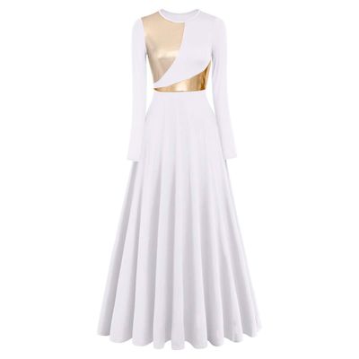Praise Dance Dresses for Women Liturgical Worship Church Lyrical Dancewear Bi Color Metallic Color Block Long Sleeve Pleated Swing Full Length Loose Fit Maxi Robe Biblical Costumes White XXL