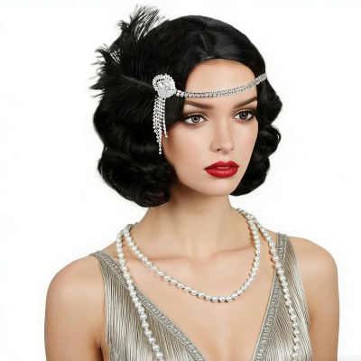 Aicos Black 1920s Flapper Wavy Wig for Women Short Black Finger Wave Vintage Wig with Headband for Halloween Costume Party