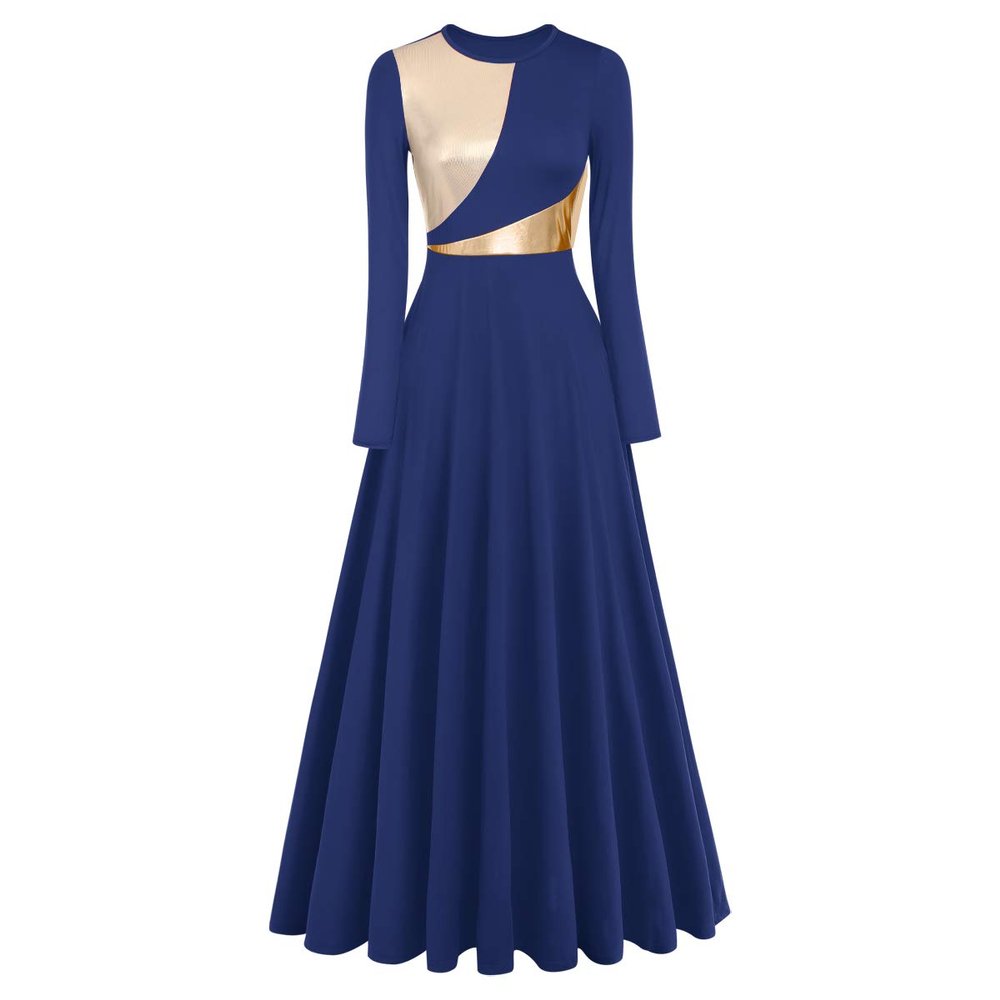 Praise Dance Dresses for Women Liturgical Worship Church Lyrical Dancewear Bi Color Metallic Color Block Long Sleeve Pleated Swing Full Length Loose Fit Maxi Robe Biblical Costumes Navy Blue S