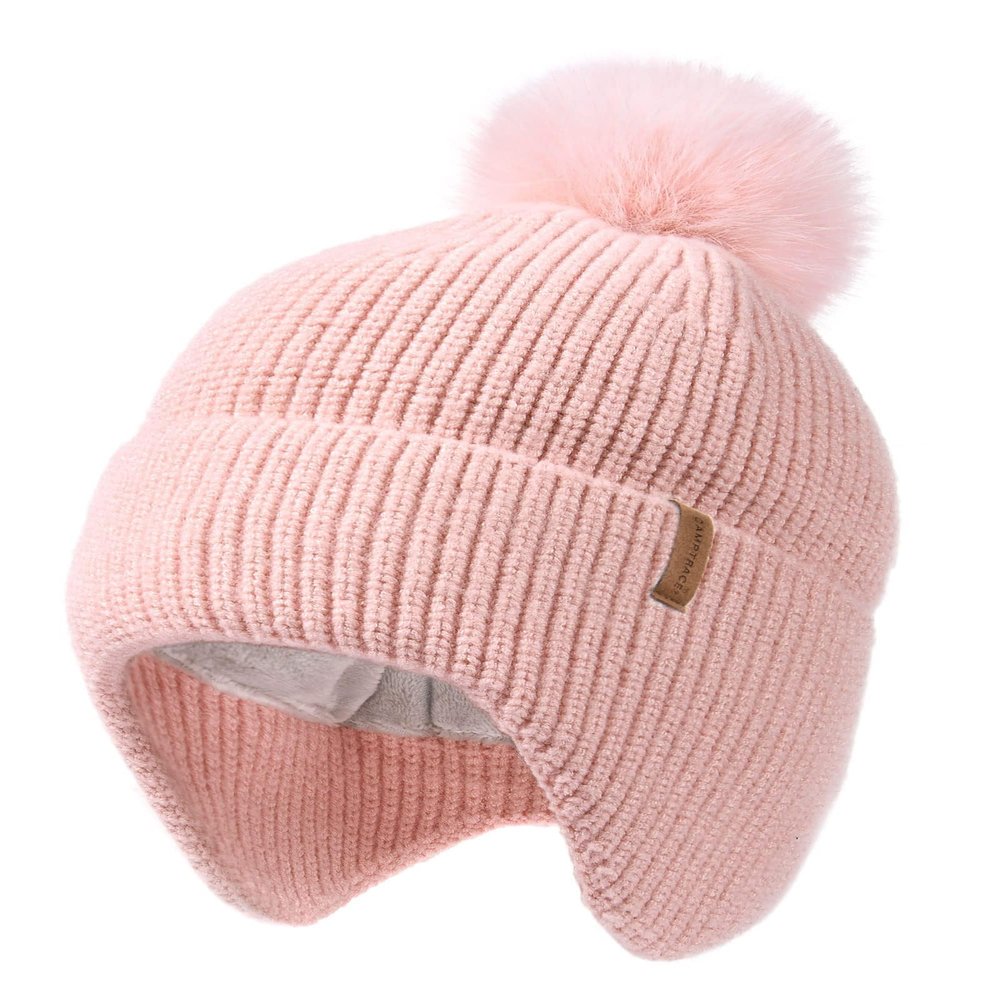 Camptrace Baby Toddler Winter Earflap Hat Fleece Lined Kid Pom Beanie Pink