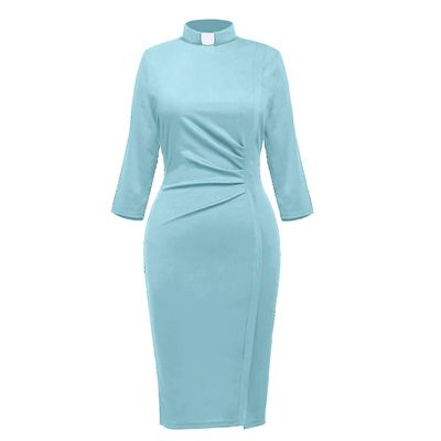 BLESSUME Catholic Church Women Clergy Tab Collar Dress 3/4 Sleeve Ruched Elegant Business Pencil Sheath Dress Light Blue