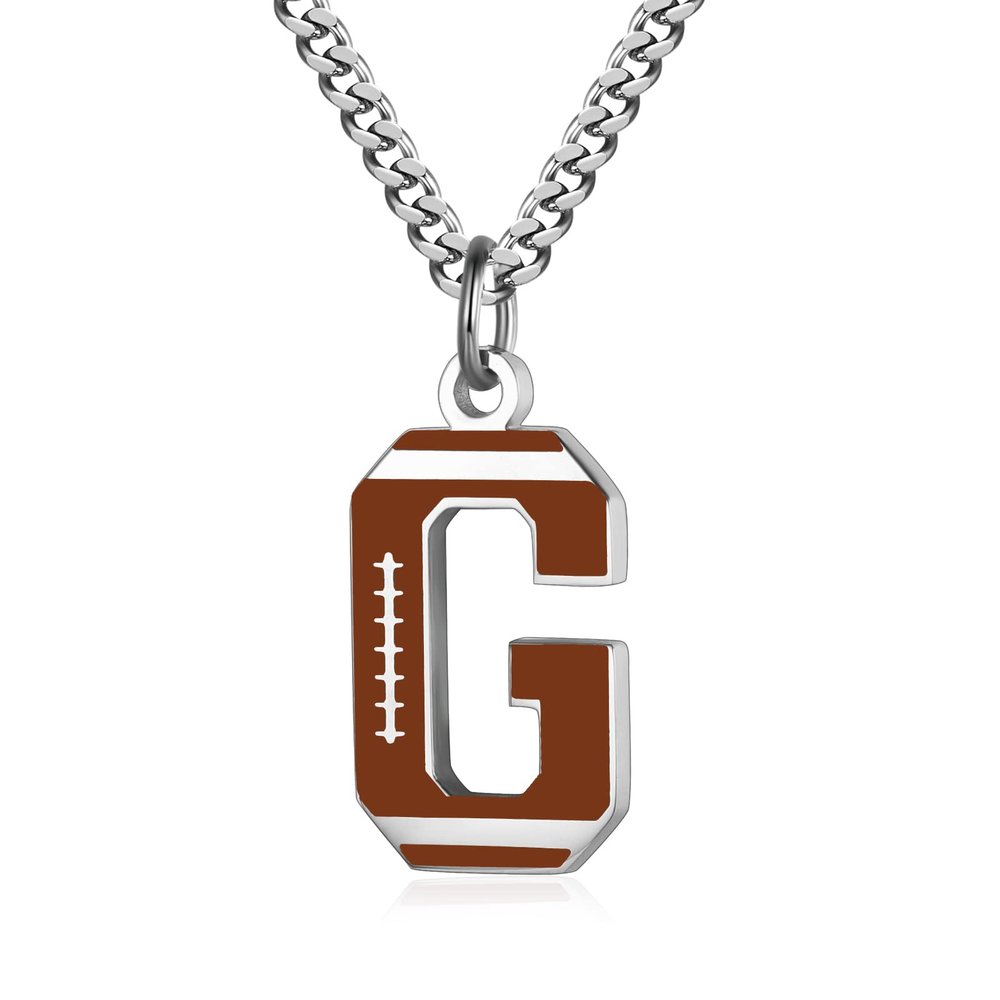 AIAINAGI Football Initial A-Z Letter Necklace for Men - Football Charm Pendant in Stainless Steel Silver Chain, 22inch Personalized Gift for Men(G)