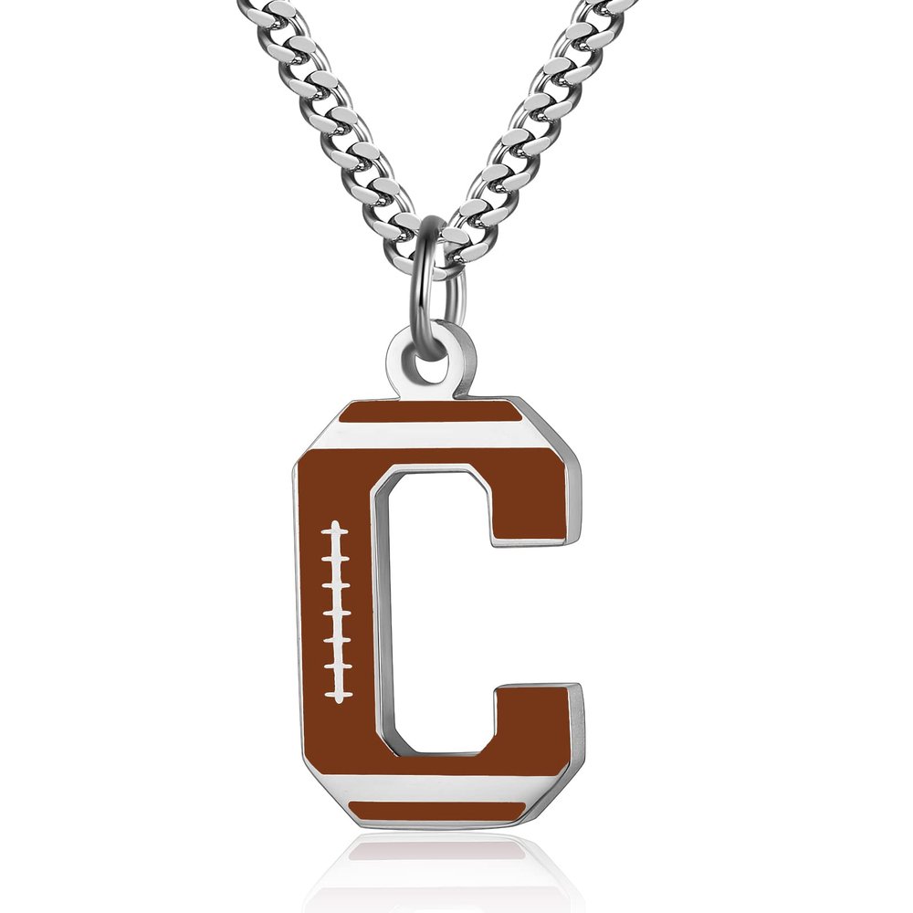 AIAINAGI Football Initial A-Z Letter Necklace for Men - Football Charm Pendant in Stainless Steel Silver Chain, 22inch Personalized Gift